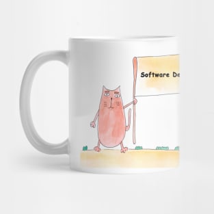Software Development. Profession, work, job. Cat shows a banner with the inscription. Watercolor illustration. A gift for a professional. Mug